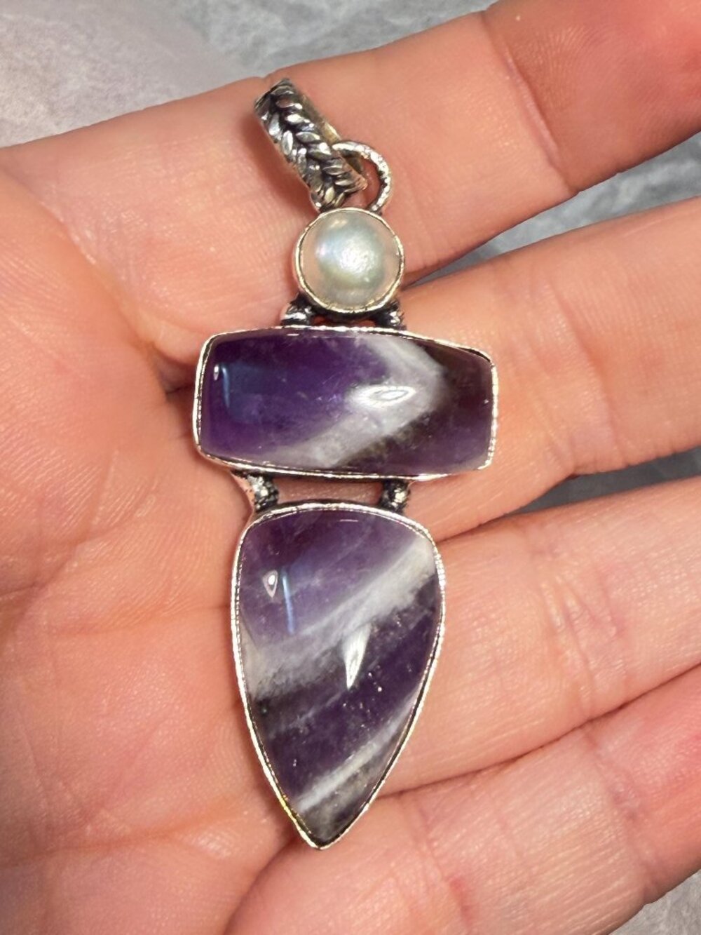 Chevron Amethyst & Moonstone Pendant Natural Gemstones Artisan Handmade OOAK Pen